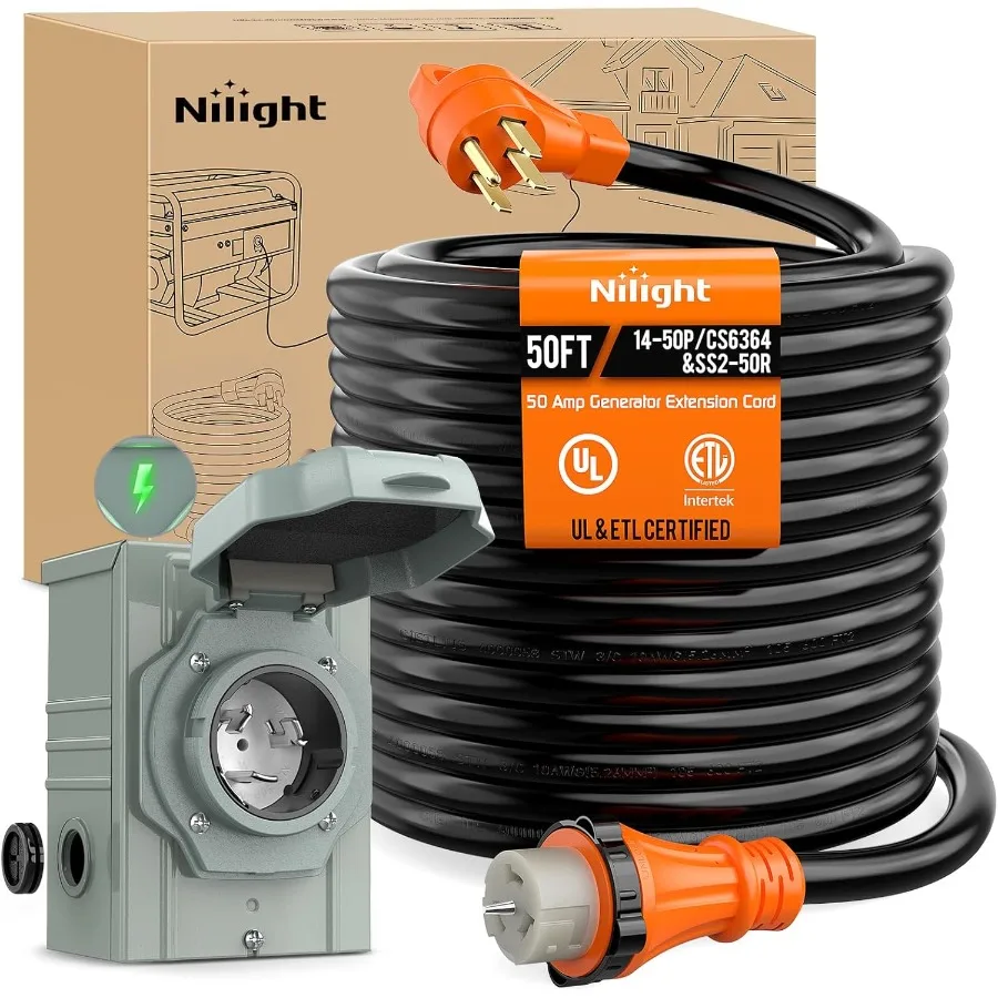 Outdoor Power Inlet Box - 50A 50FT Heavy Duty Generator Verlengsnoer